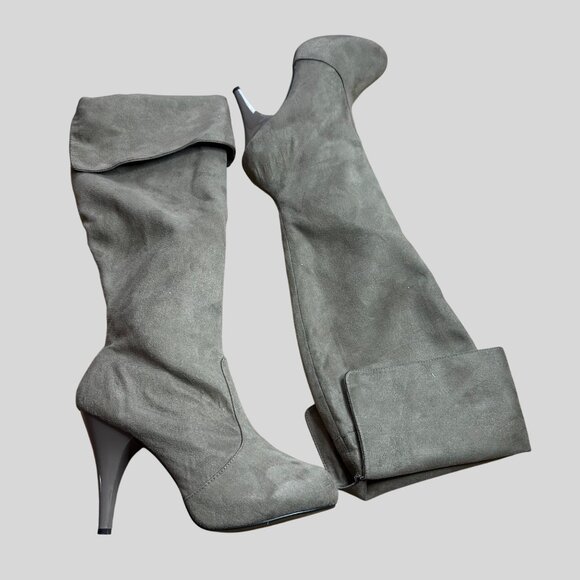Unbranded  Womens Taupe Suede Over-The-Knee High Heel Boots With Fold-Over Cuff - Picture 10 of 14